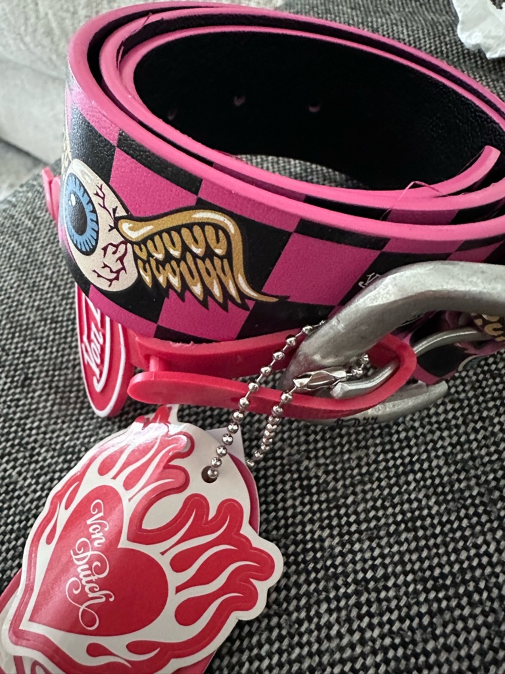 Small NEW Von Dutch Pink and Black Checker women’s  Belt with Winged Eye Patch